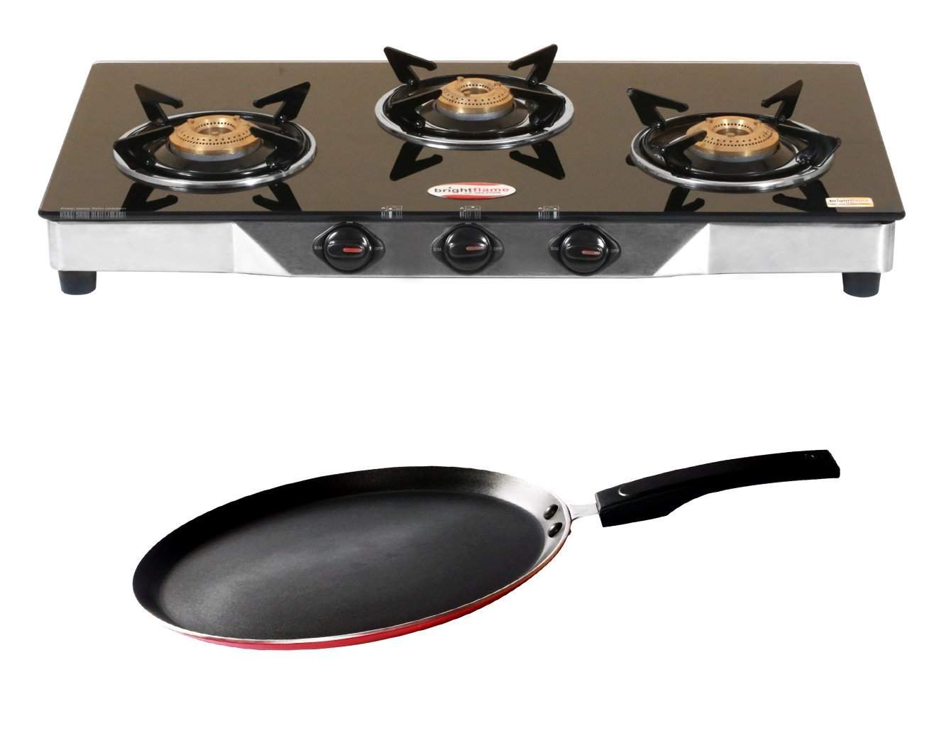 Buy Bright Flame Gas Stove 3 Burner 280mm Non Stick Tawa Features Price Reviews Online In India Justdial