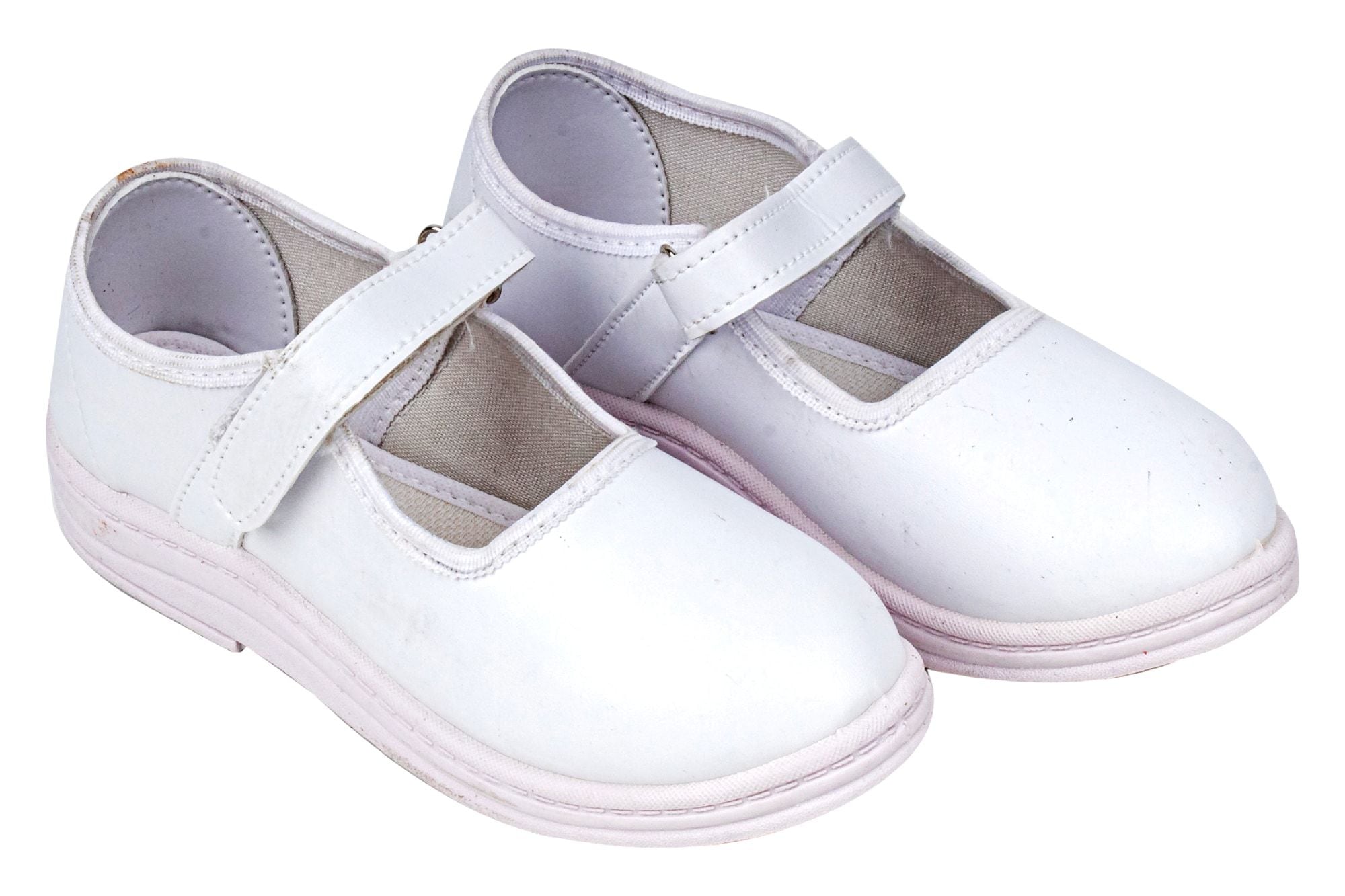 Buckle Closure Plain Rexine School Shoes For Girls White in