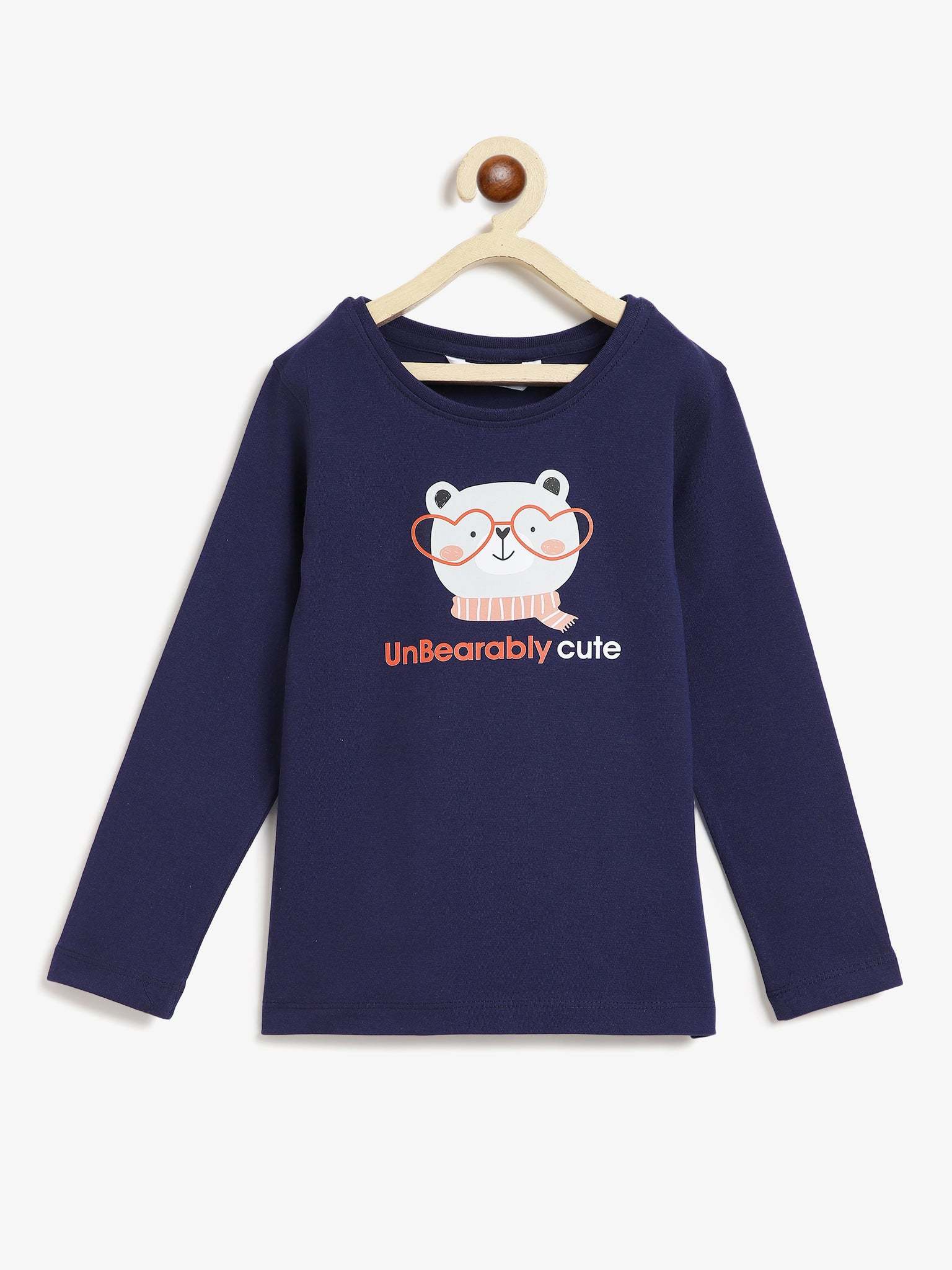 Campana Kids Girls Skye Full Sleeves T-Shirt Cute Bear Print Navy