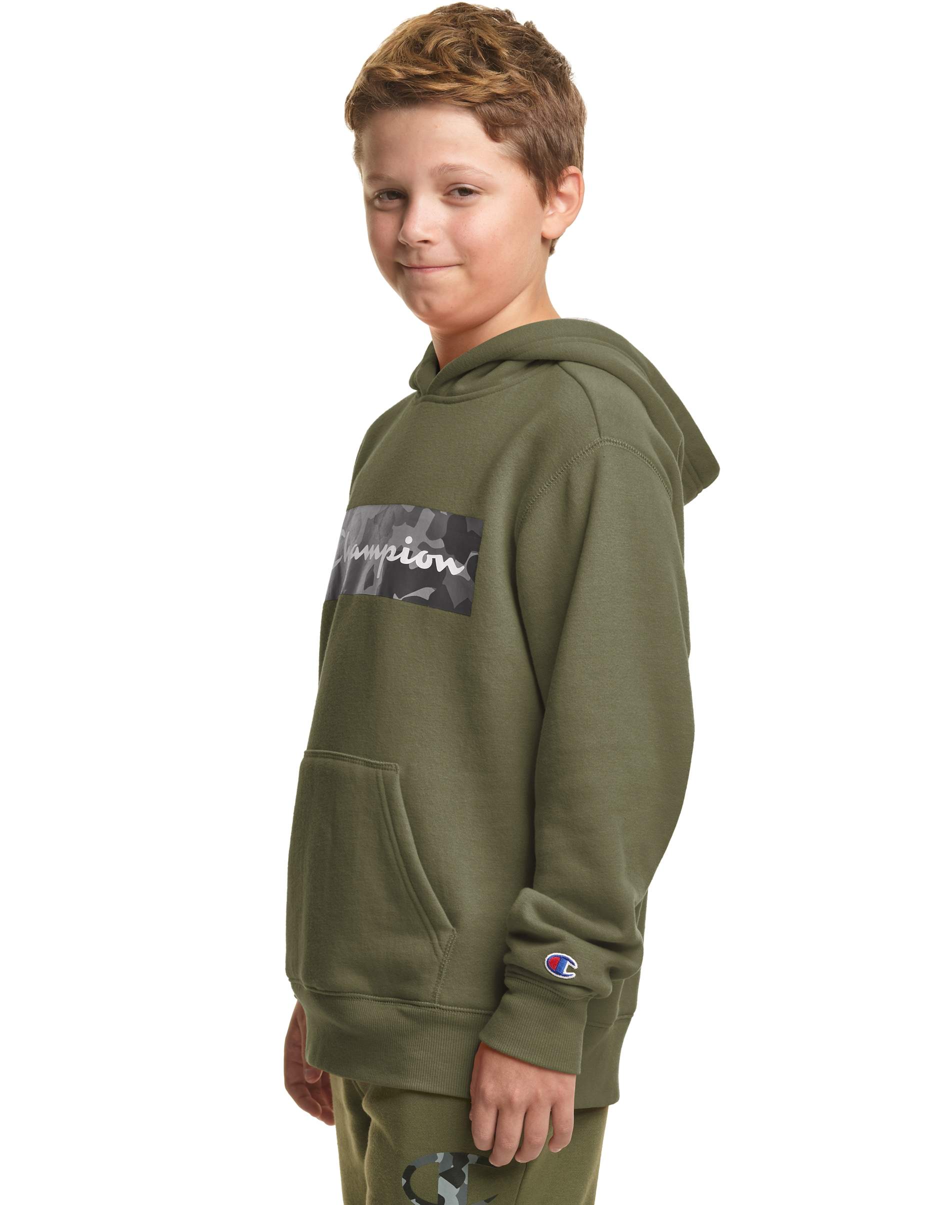 Champion Camo Script Logo Fleece Hoodie for Kids (Size S, Cargo