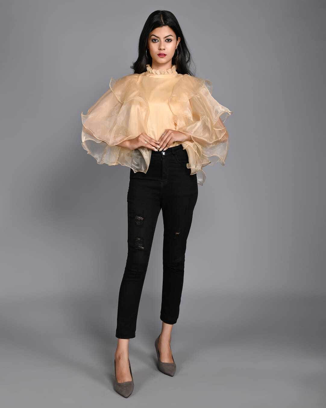 Classic Fashionable Layered Fluffy Petal Chiffon Crop Tops Long