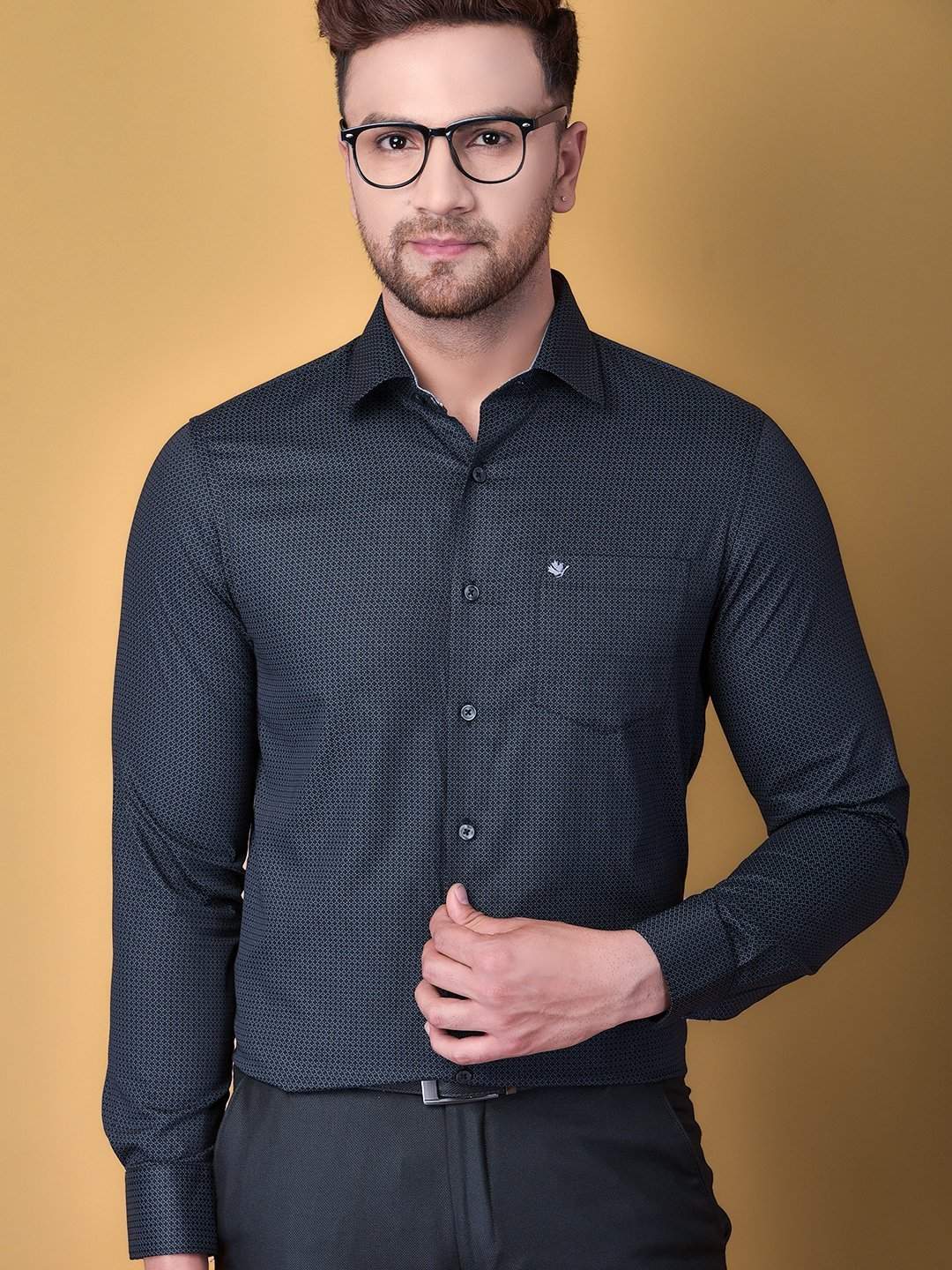 Cobb FSAG20022BLACK_42 Black Printed Slim Fit Formal Shirt in