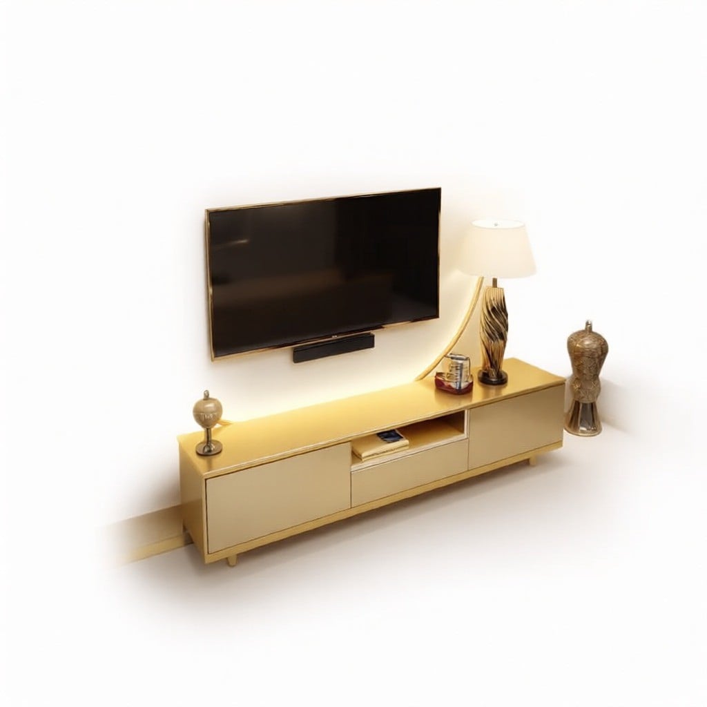 Contemporary TV Panel Design, LED Backlit, Gold Finish, Floating Console