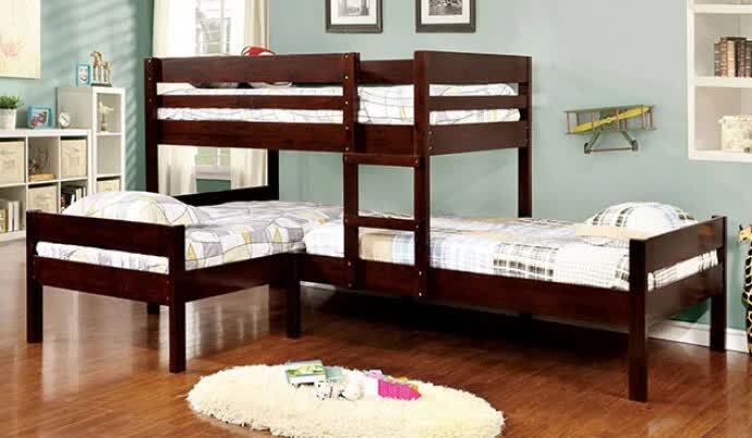 Corner Triple Twin Mango Wood Bunk Bed (Solid Wood Espresso) in