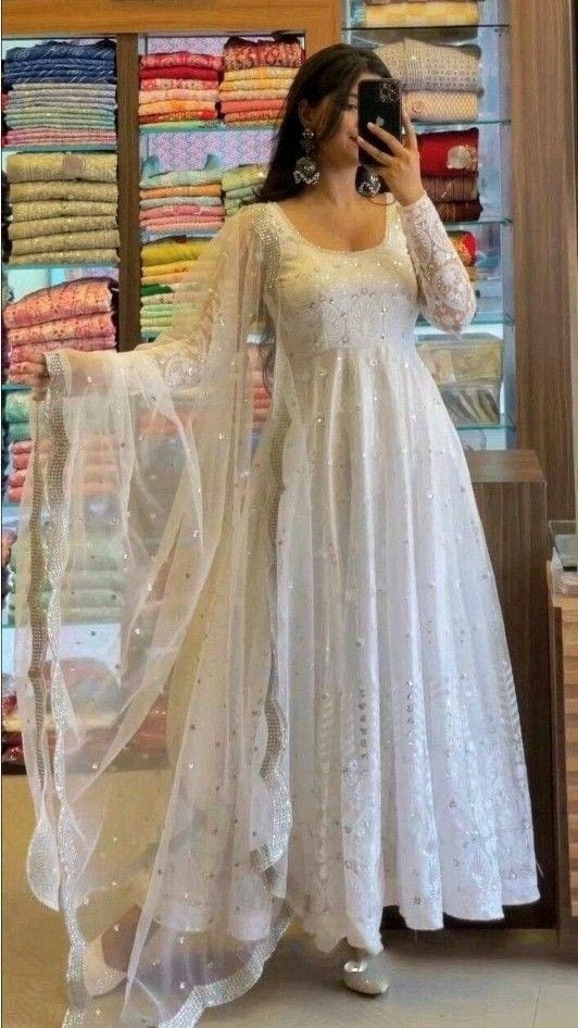 white anarkali dress buy ahmedabad Gota Work Suit Set | Hand Embroidered Georgette This set includes mukaish chnaderi lehenga with kurta and dupatta Buy White Georgette Embroidered Anarkali