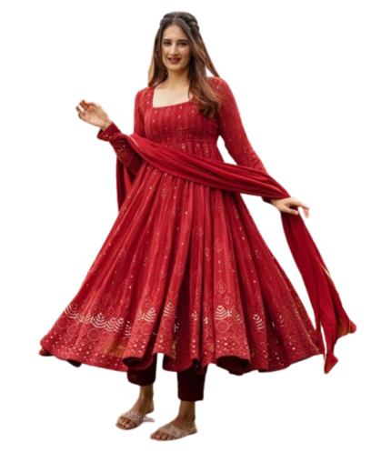 Cotton Full Sleeves Medium Anarkali Suit For Women Red in