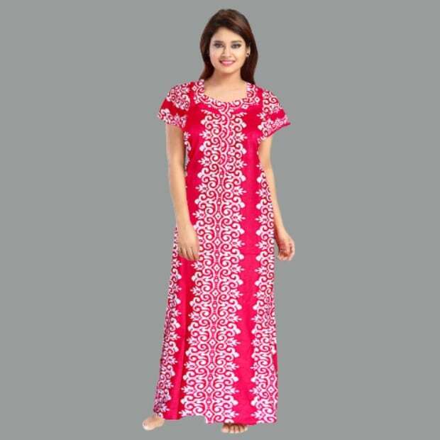 Cotton Printed Long Length Night Gown For Women (Pink And White