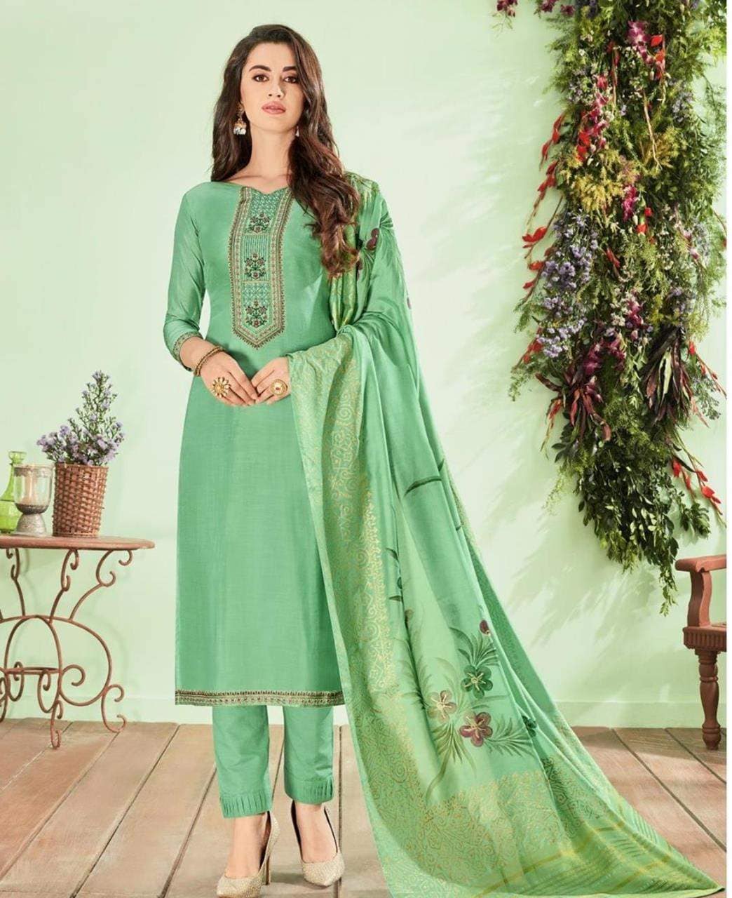 INDIA ATTIRES ALine Cotton Embroidered Pant Style Suit Machine wash