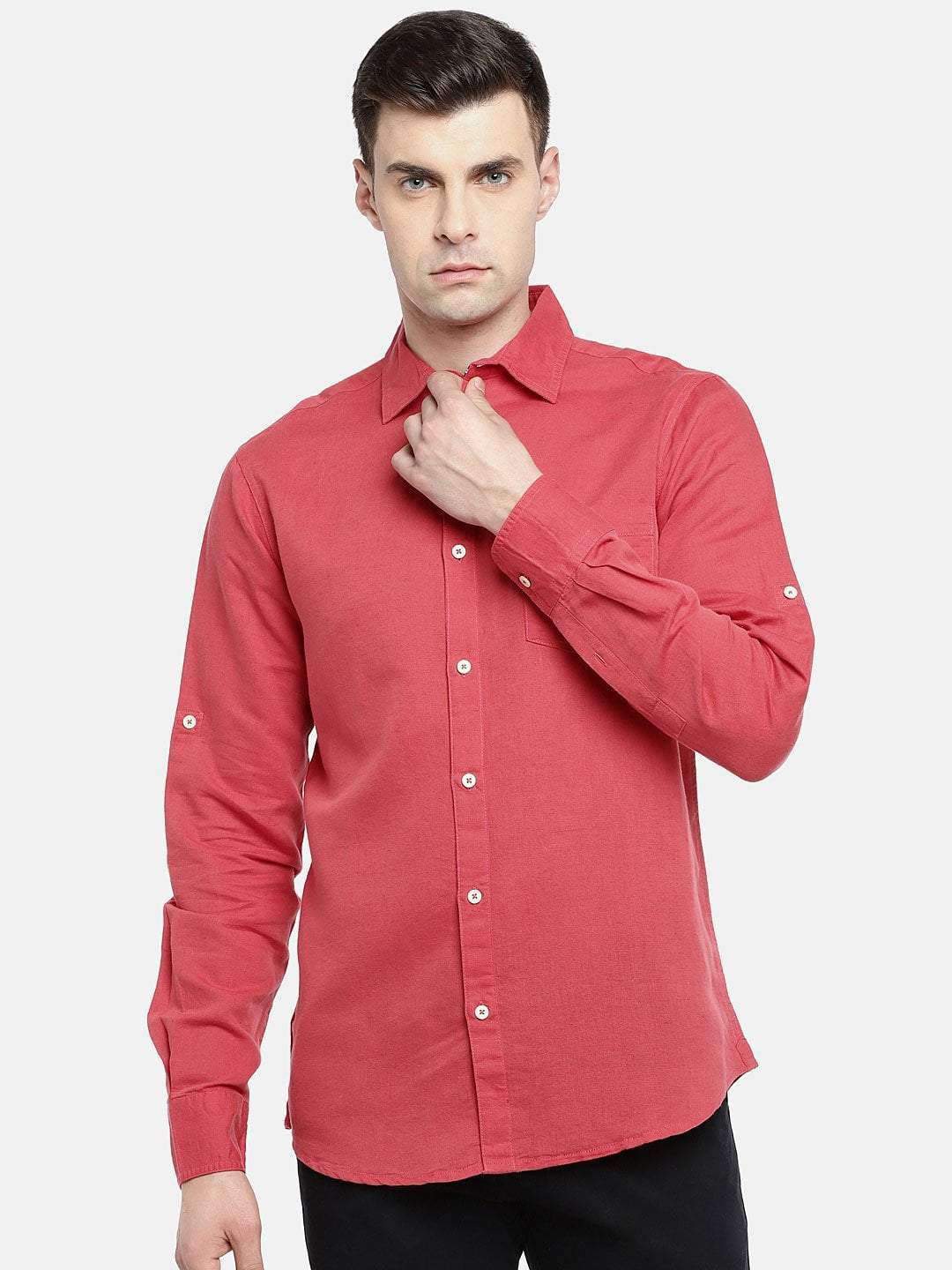 COTTONWORLD Solid Linen Cotton Full Sleeve Roll Up Men's Shirts