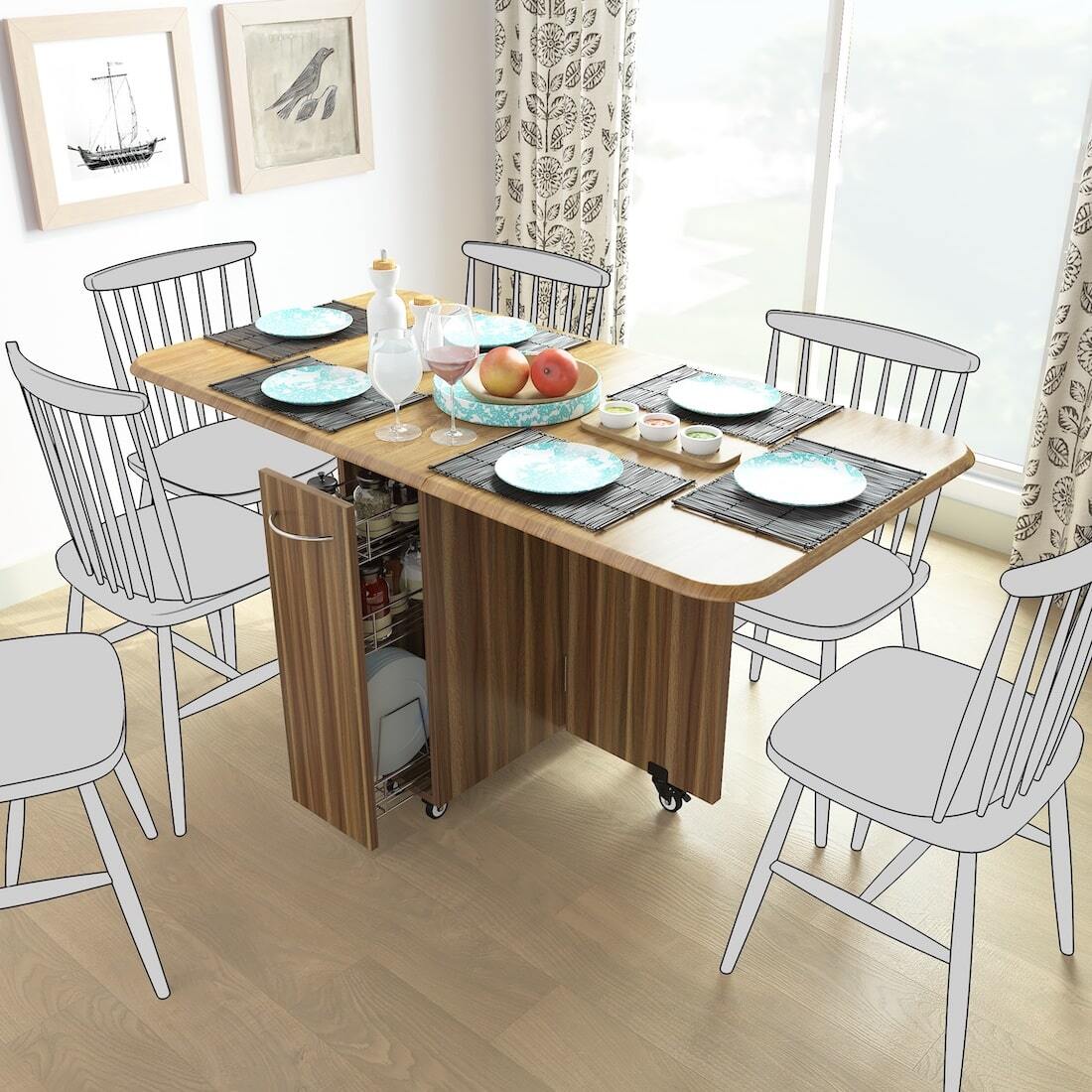 Geometric Steel and Beech Wood Rectangle Dining Table for