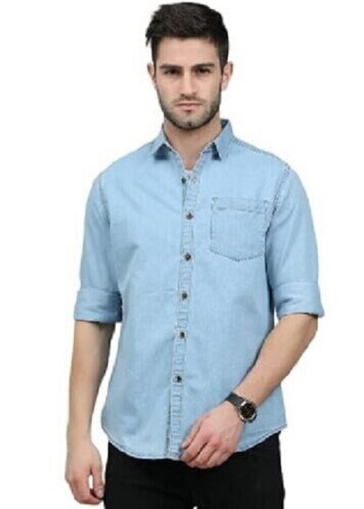 Denim Plain Long Sleeve Men's Shirts (Light Blue) in Mau at ₹ 399