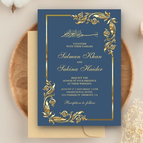 Designer Border Muslim Wedding Invitation Card Blue 12x9 Inch in