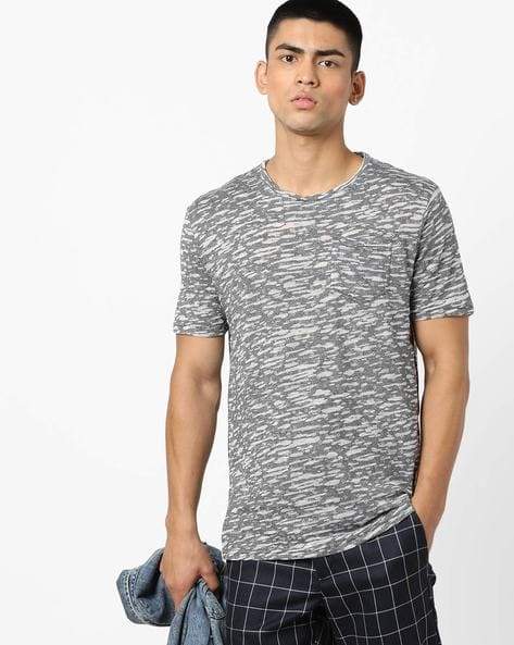 Dnmx Printed Burnout Crew-Neck Slim Fit Men's T-Shirts (Grey, Size