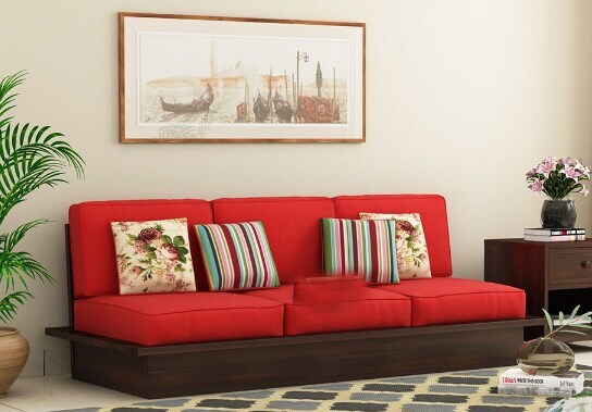 Dwayne Low Floor Seater Wooden Sofa (Dusky Rose, Walnut Finish