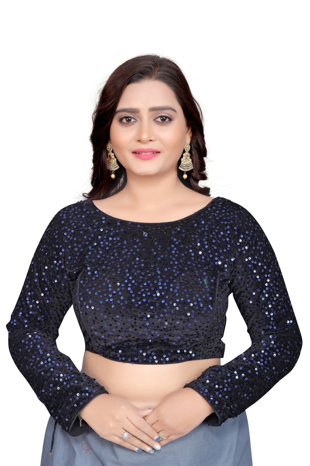 Embellished Sequin Velvet Blouse in Full Sleeve Blue Colour for