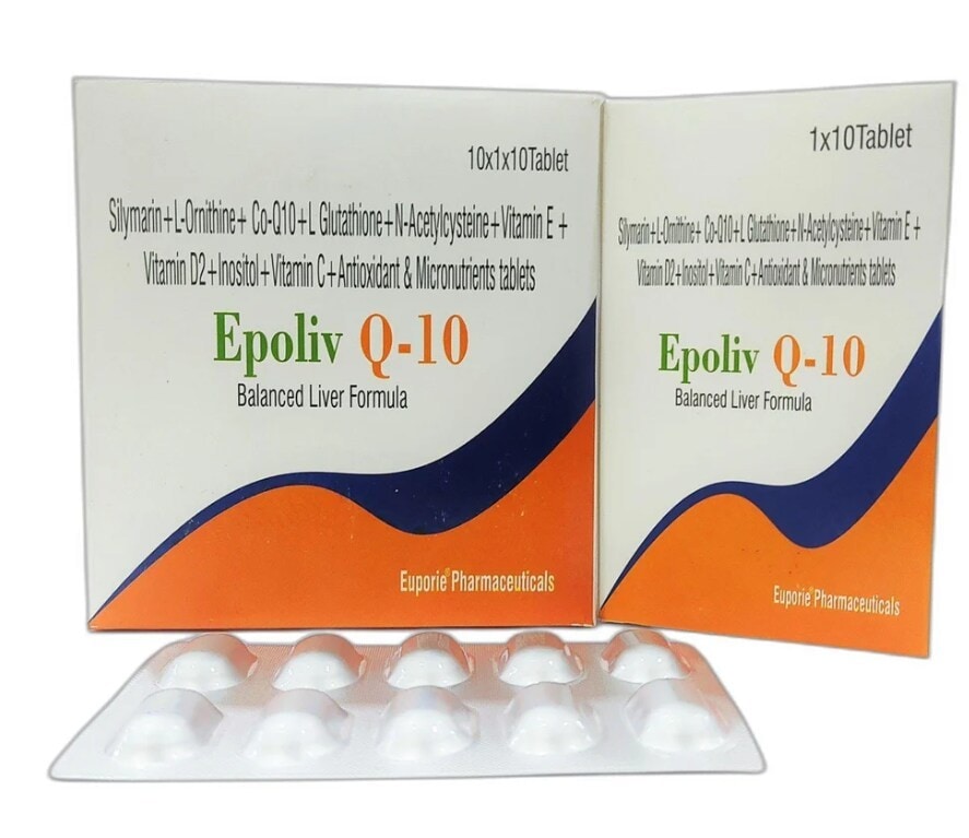 Euporie Epoliv Q-10 Silymarin+L-Ornithine+ Co-Q10+L Glutathione+N-Acetylcysteine+Vitamin  E + Vitamin D2+Inositol+Antioxidant & Micronutrient Tablet in Chandigarh at  ₹ 1,800 / Box by Euporie Pharmaceutical