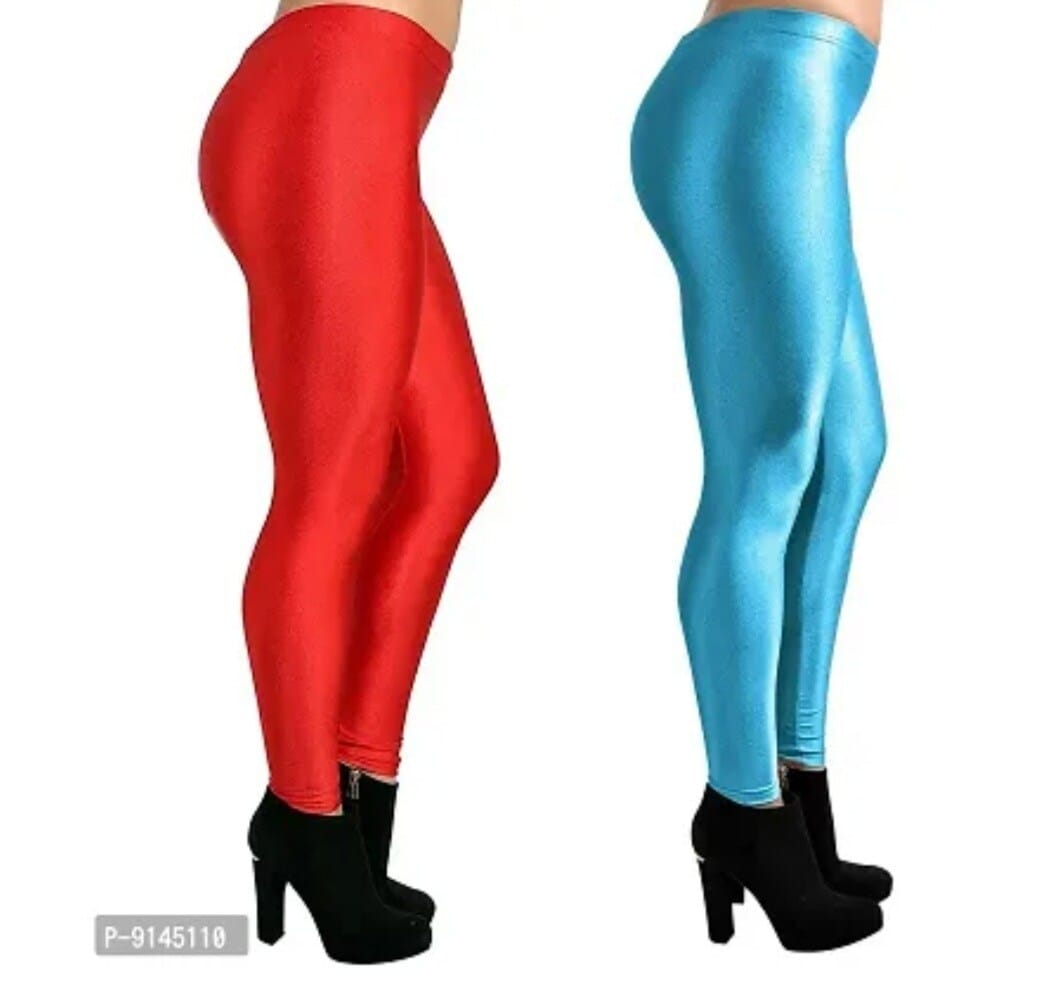 Fabulous Red And Sky Blue Colour Satin Lycra Solid Leggings For