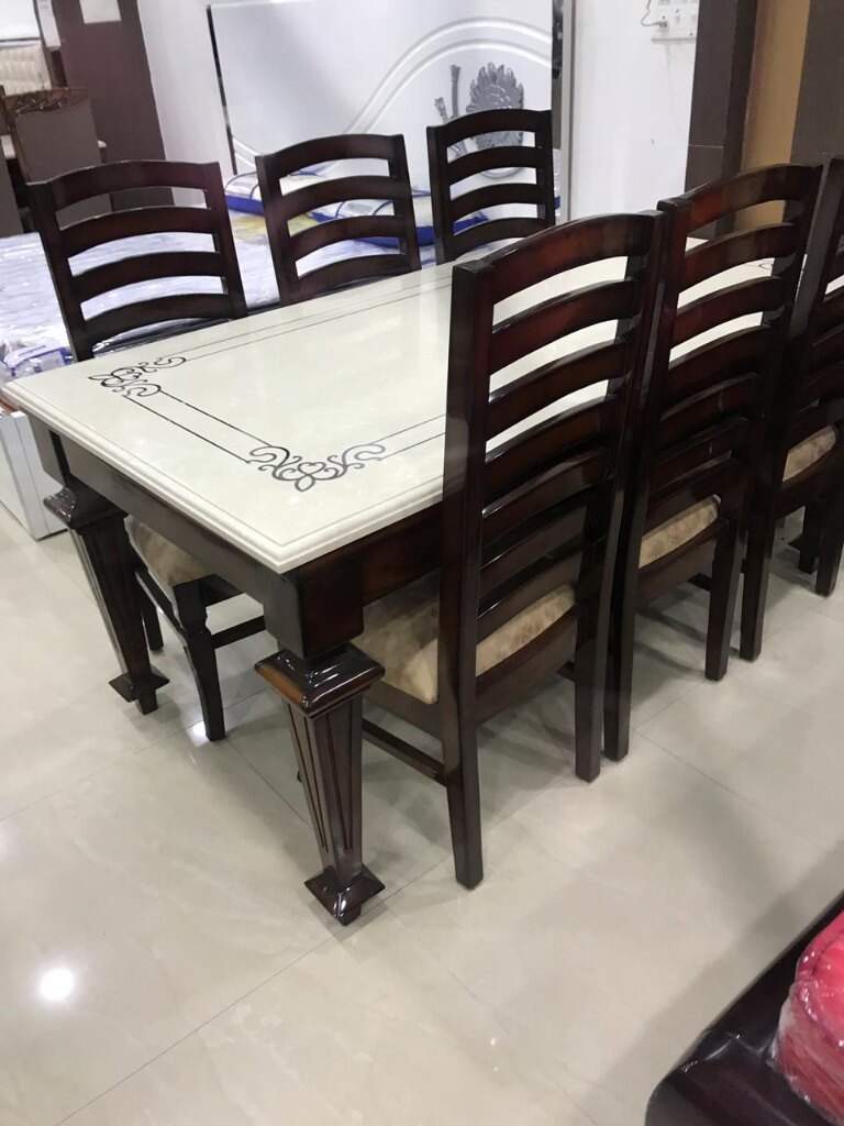 Modern Rectangle Wooden Marble Inlay Dining Table, Beech Wood