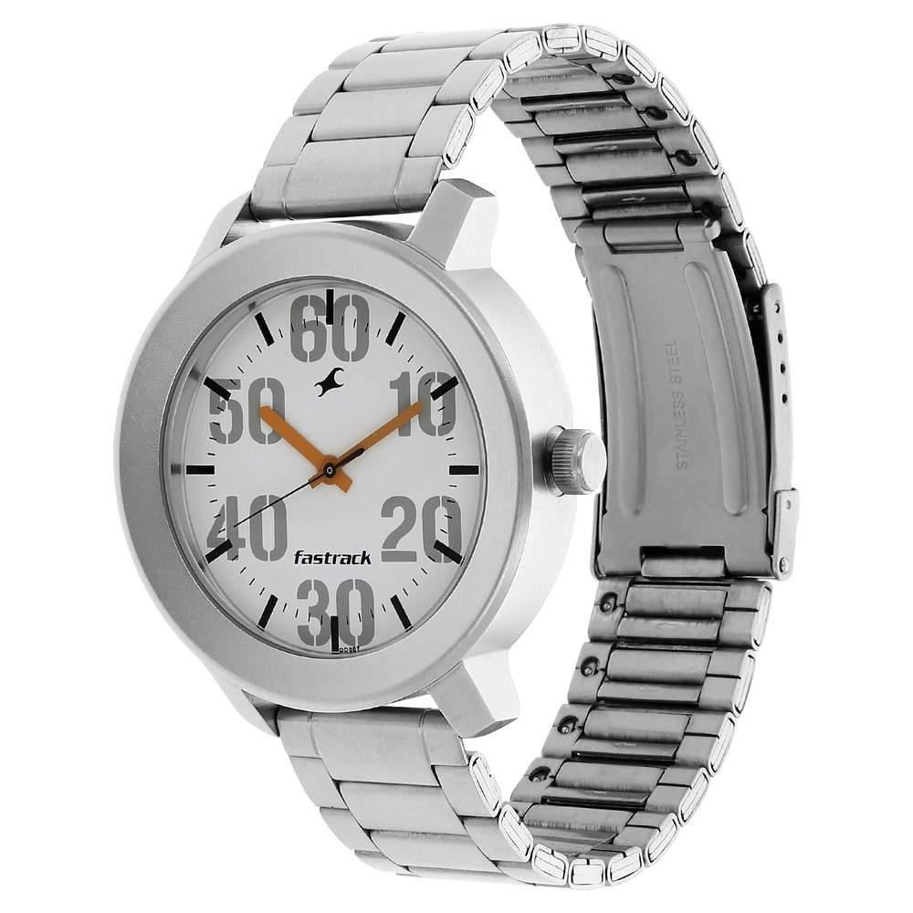 Fastrack Mens NN3121SM01 White Dial Silver Stainless Steel Strap Watch