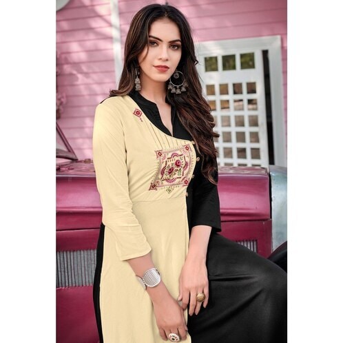 Rayon Casual Regular Anarkali Suit (Cream And Black) in Surat at ₹ 450 /  Set by Choro Chori
