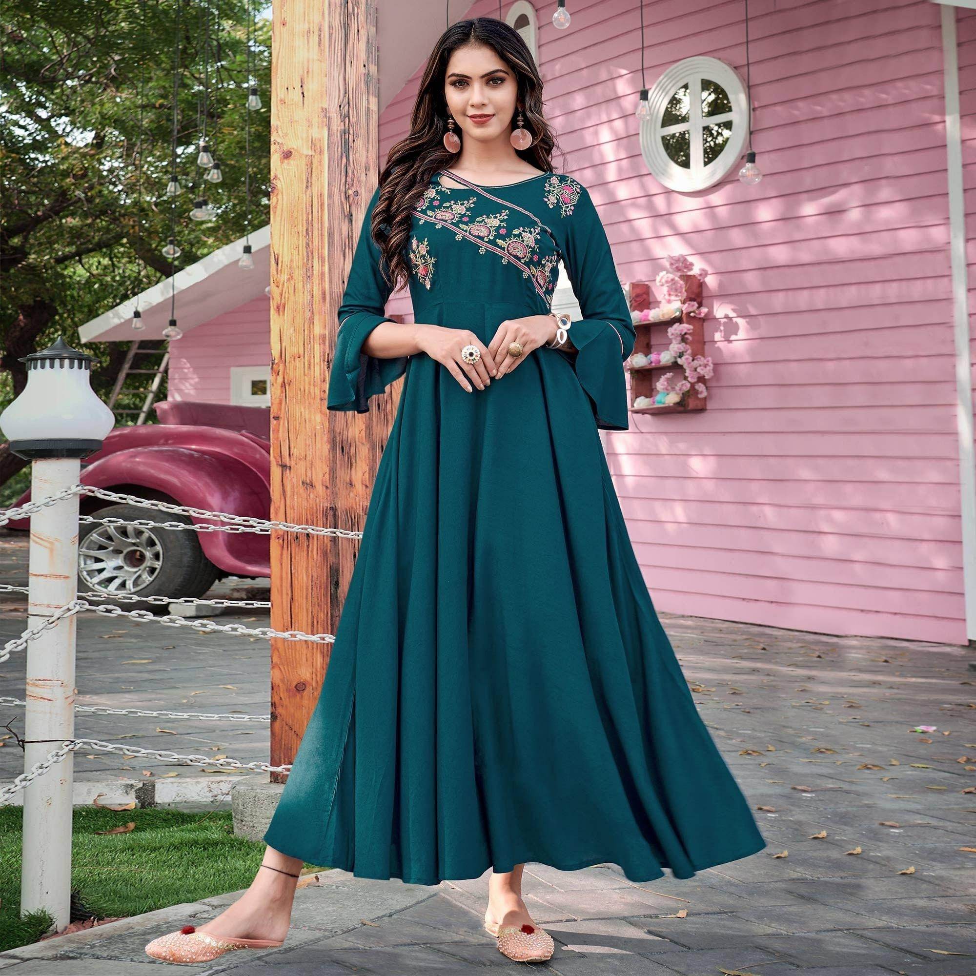 Floral Embroidered Rayon Anarkali Suit For Women (Teal Blue) in