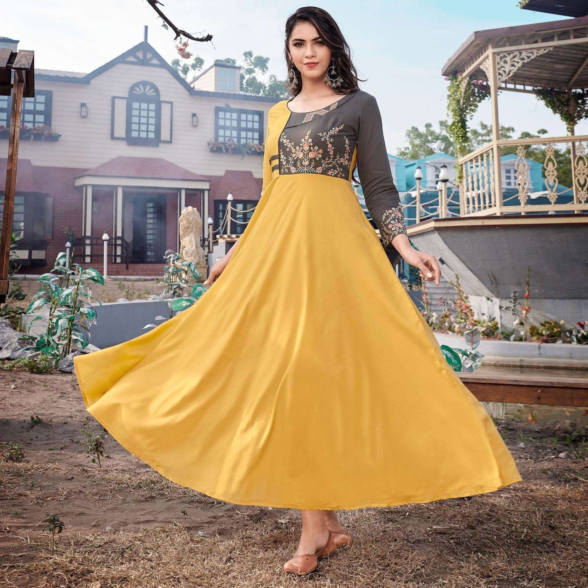 Floral Embroidered Rayon Anarkali Suit For Women (Yellow And Grey