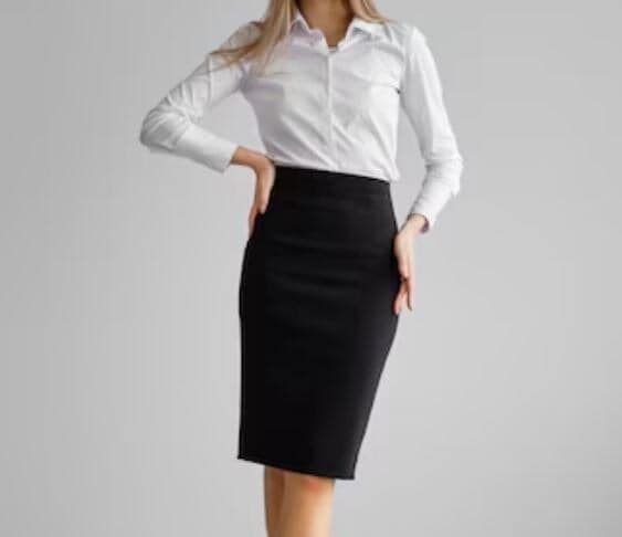 Formal White Full Sleeves Shirt With Black Knee Length Skirt For