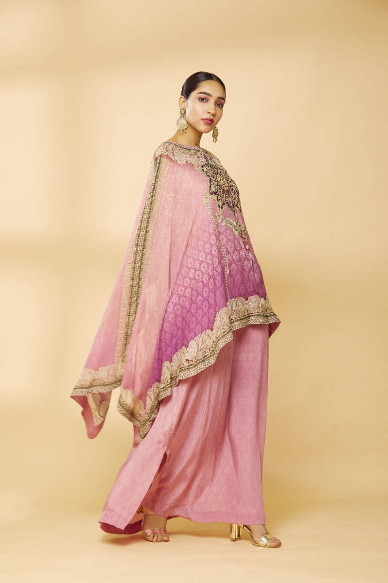 Frontier Raas Pink Ombre Digital Print Embroidered Cape Suit (Size