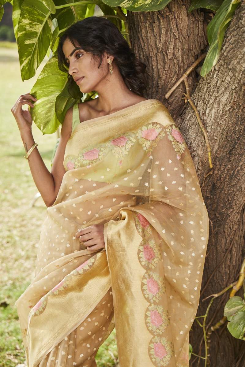 Frontier Raas Floral Print Banarasi Kora Saree (Green) in Delhi at