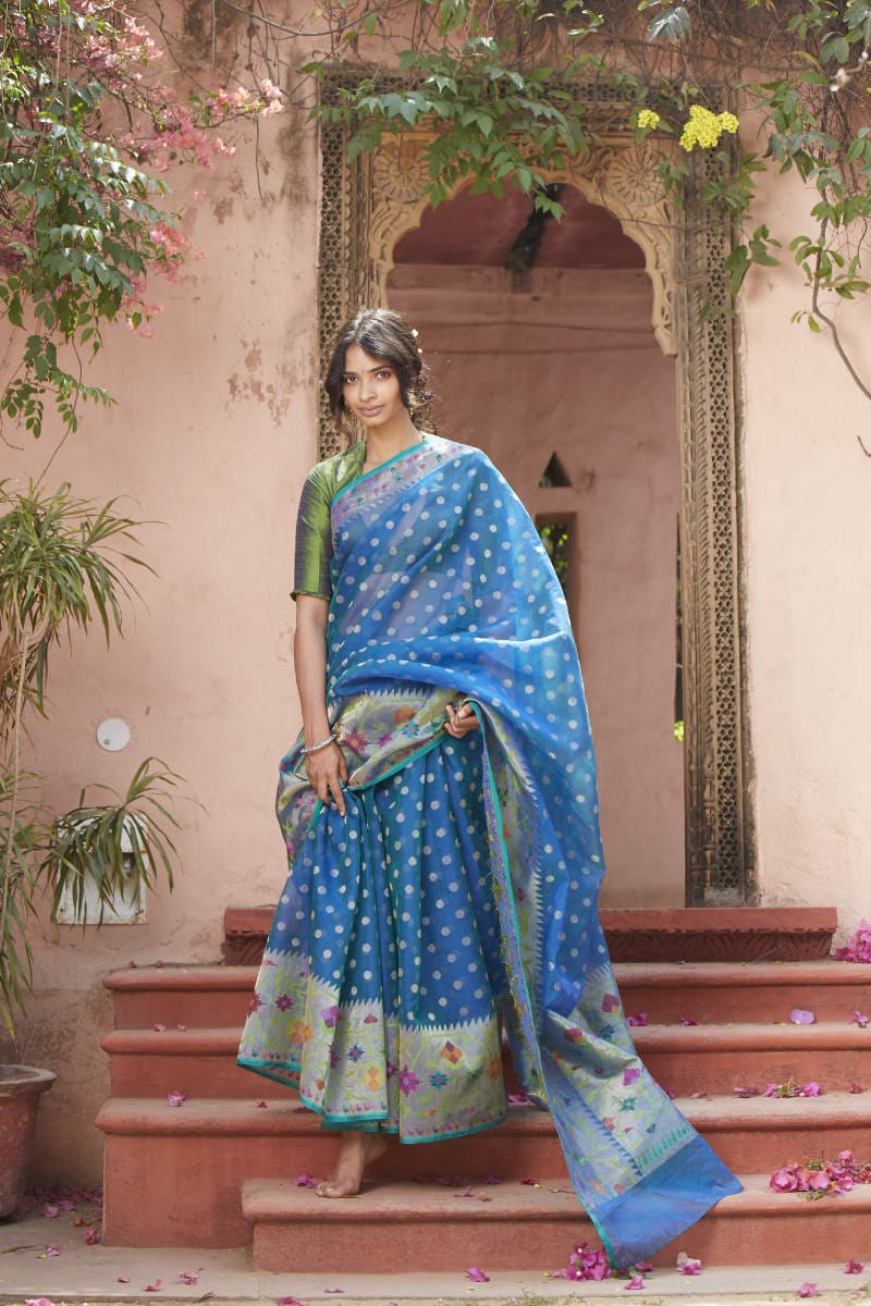 Frontier Raas Blue Polka Dot Banarasi Kora Kota Saree in Chennai
