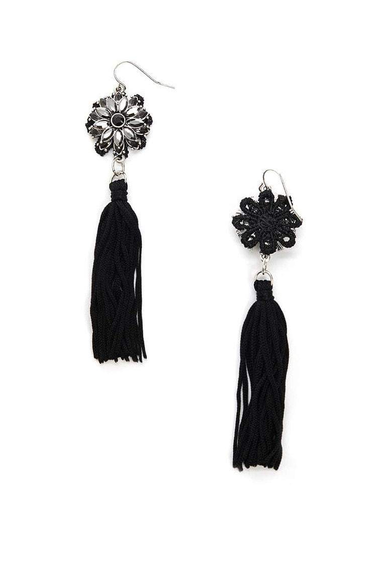 FOREVER 21 Rhinestone Tassel Drop Earrings (Black) in Mumbai at