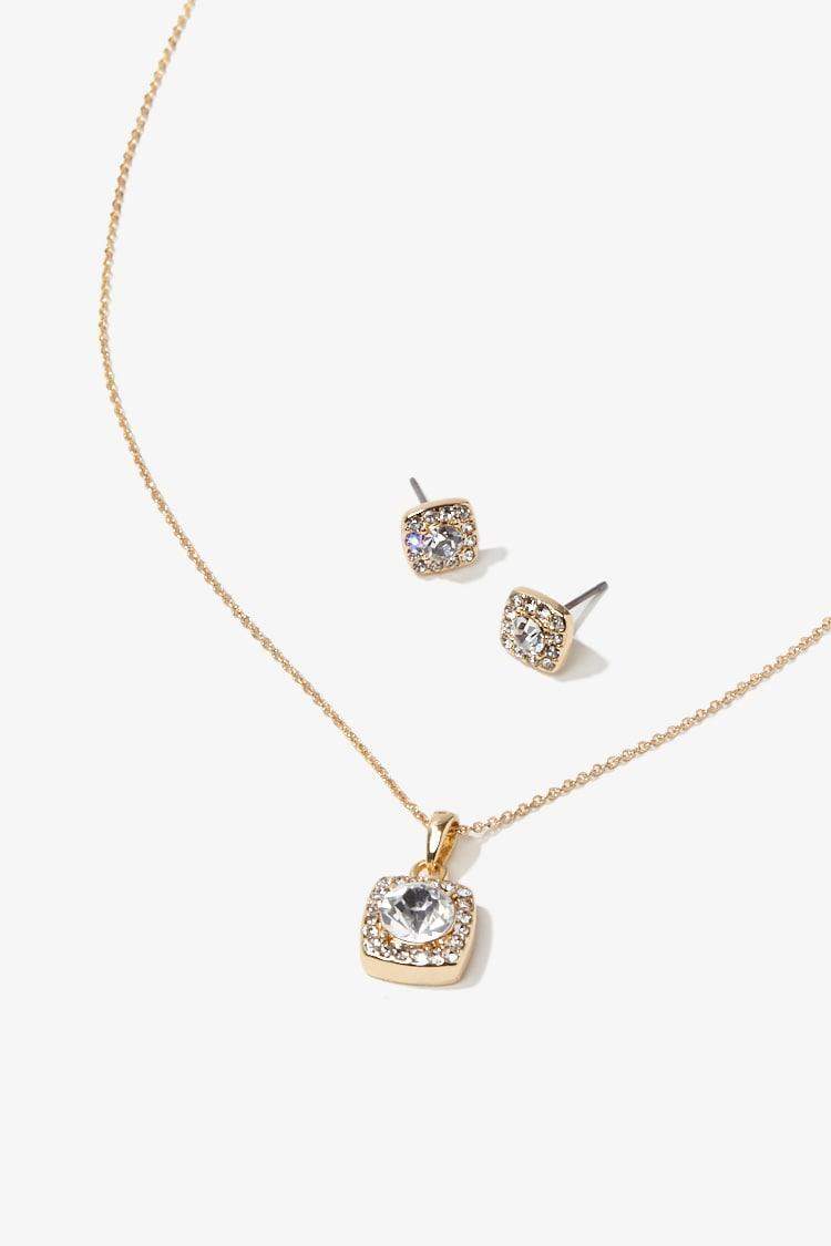 FOREVER 21 Rhinestone Stud Earring Charm Necklace Set (Gold