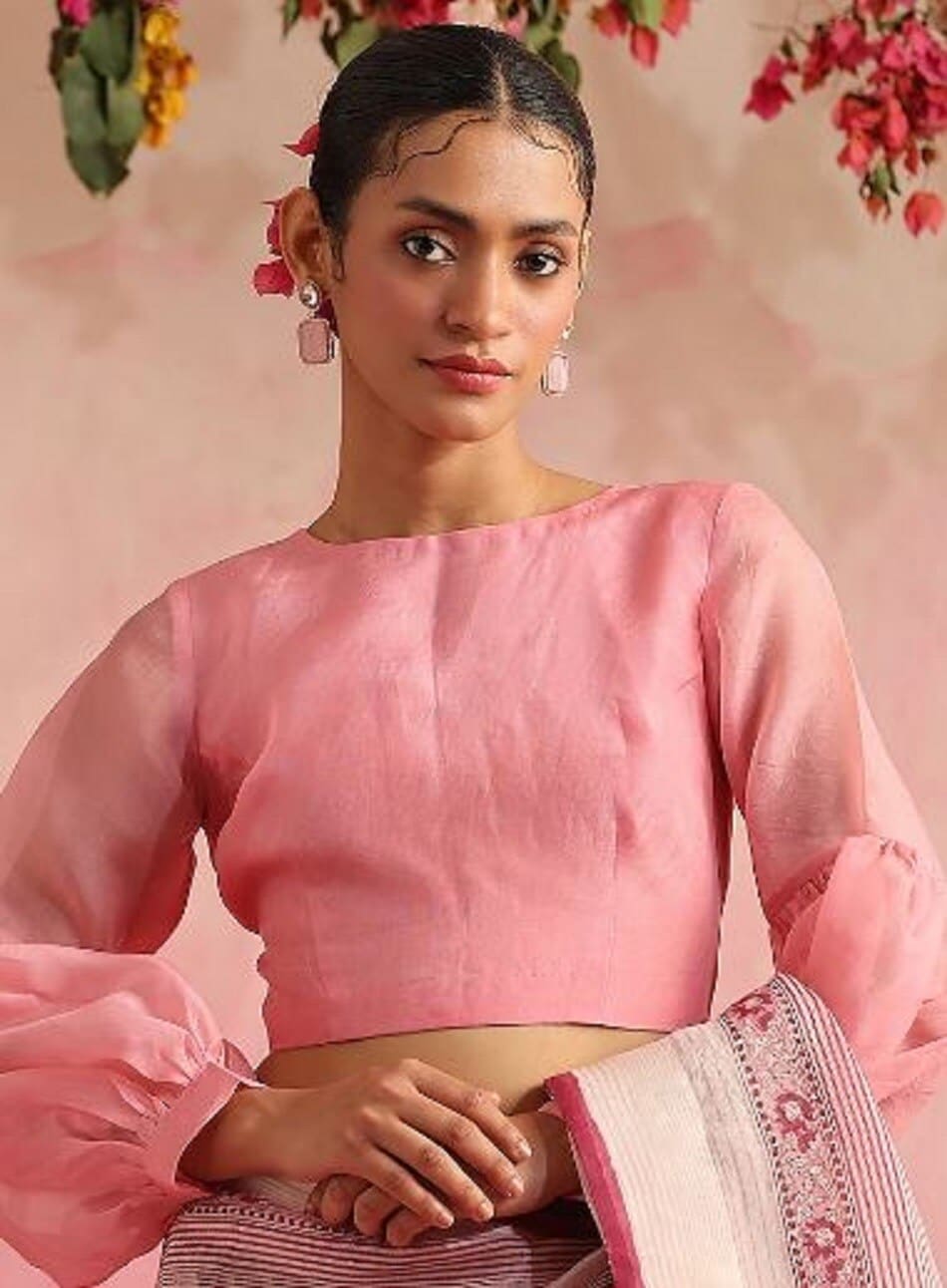 Full Sleeves Organza Boat Neck Blouse Pink in Bangalore at
