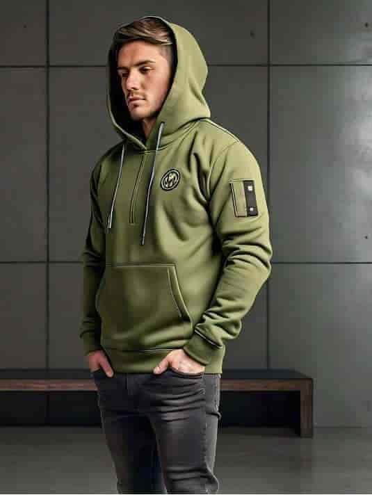 Full Sleeves Plain Cotton Men Hoodie Olive Green in Tirupur at