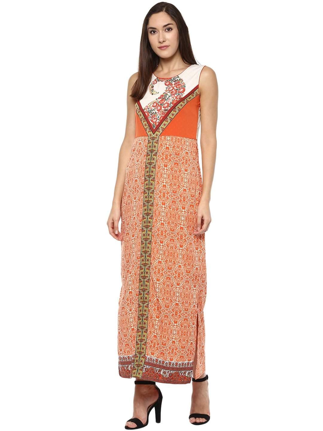 Fusion Beats Printed Long Maxi Dress (Orange, Size: S, 8907019011640) in  Machilipatnam at  2,537 -  2,699 by Fashion Factory - Justdial