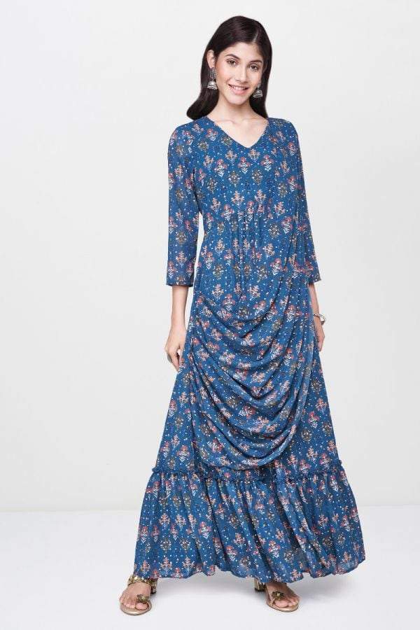 global desi green maxi dress Teal (Size: S, AW19GU011MXPG) in Ambajogai at ₹ 4,274 - ₹ 4,499 by Solapur Wholesale Garments Fabric_Polyester