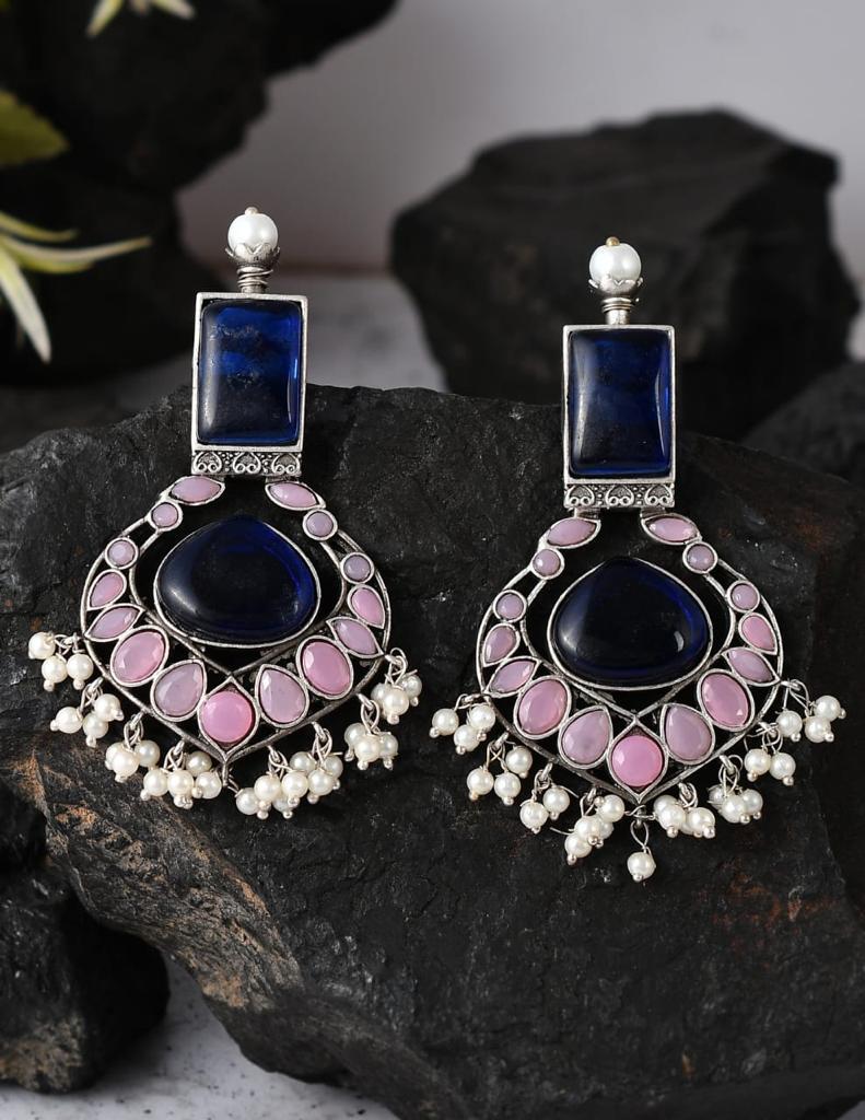 Glossy Pink And Blue Handmade Oxidised Brass Earrings KH DN 1043