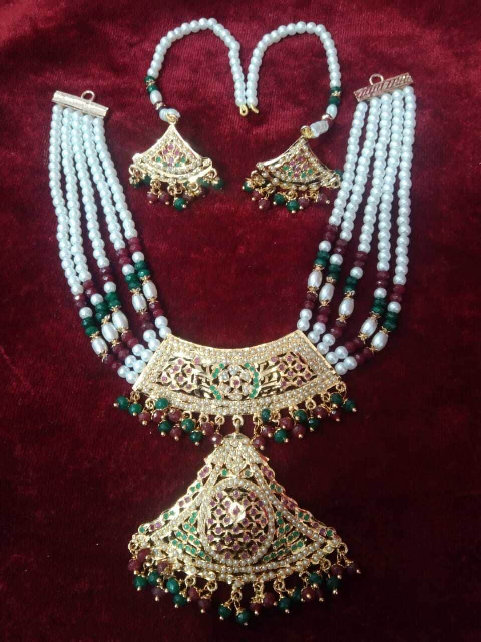 Gold Plated Jadau Necklace Set With Earrings (Set Of Piece) in