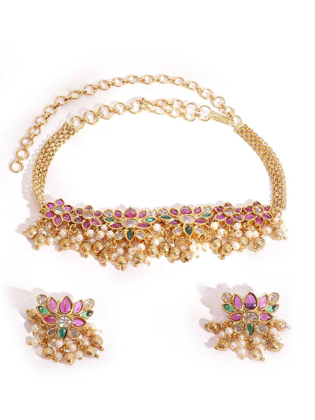 GOLD PLATED KEMP CRYSTAL PEARL BEADED FLORAL CHOKER JEWELRY SET in