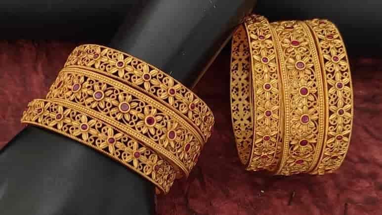 Gold Plated Patterned Bangles with Colored Stones and Antique