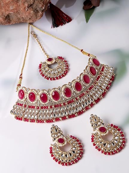 Gold Plated Rani Pink Beads Floral Choker Necklace Set With