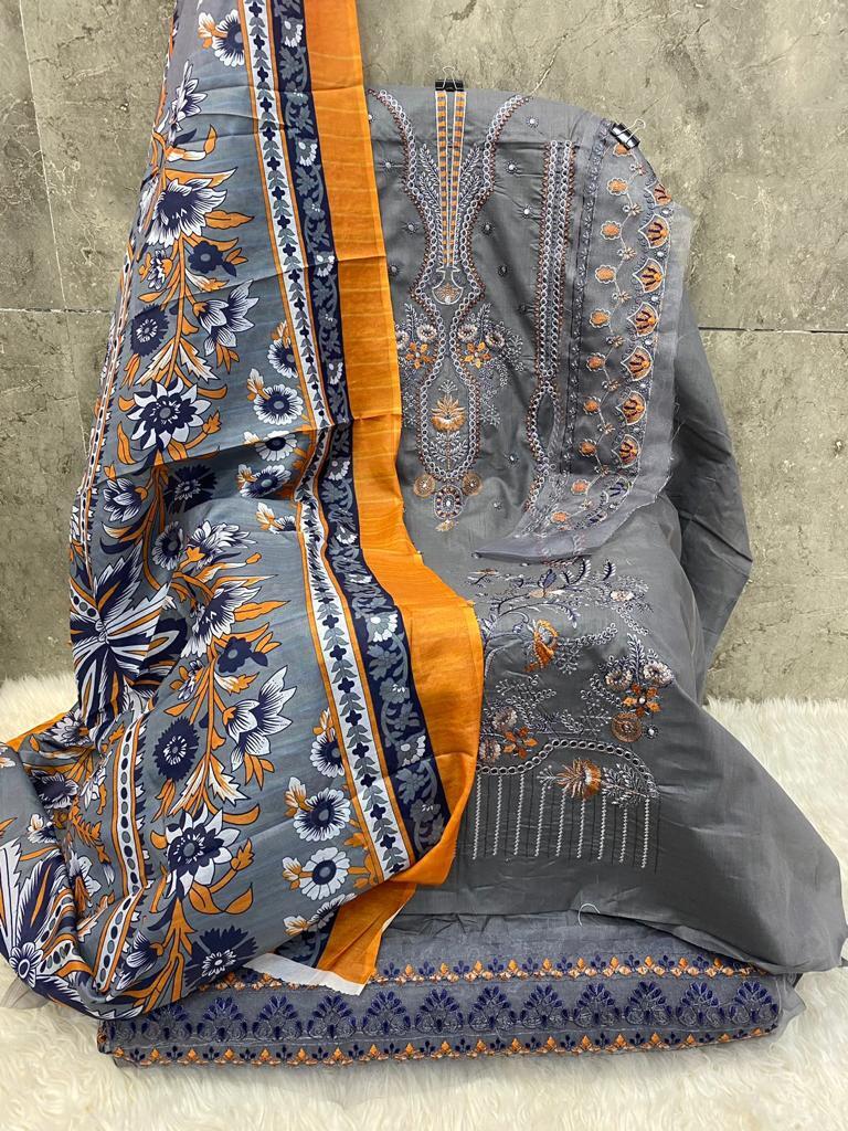 Hoor Tex Cotton Embroidery Designer Pakistani Salwar Kameez Grey