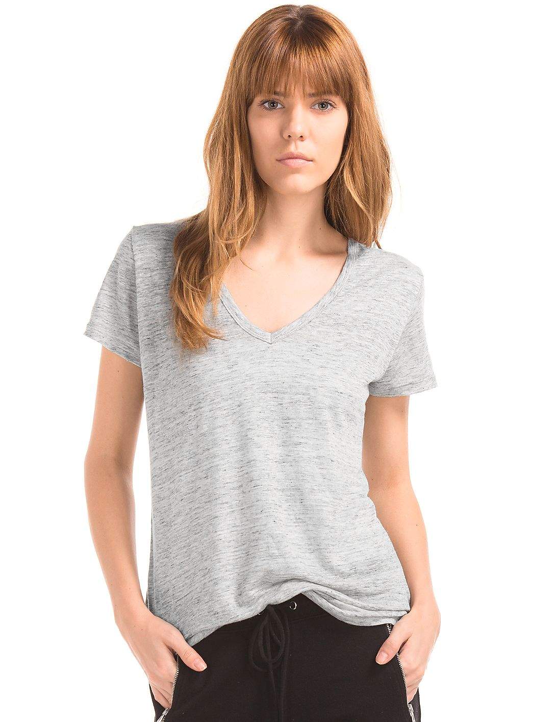 GAP Linen V-Neck Women's T-Shirts (Light Grey, XL, N57V4VJF2UL) in