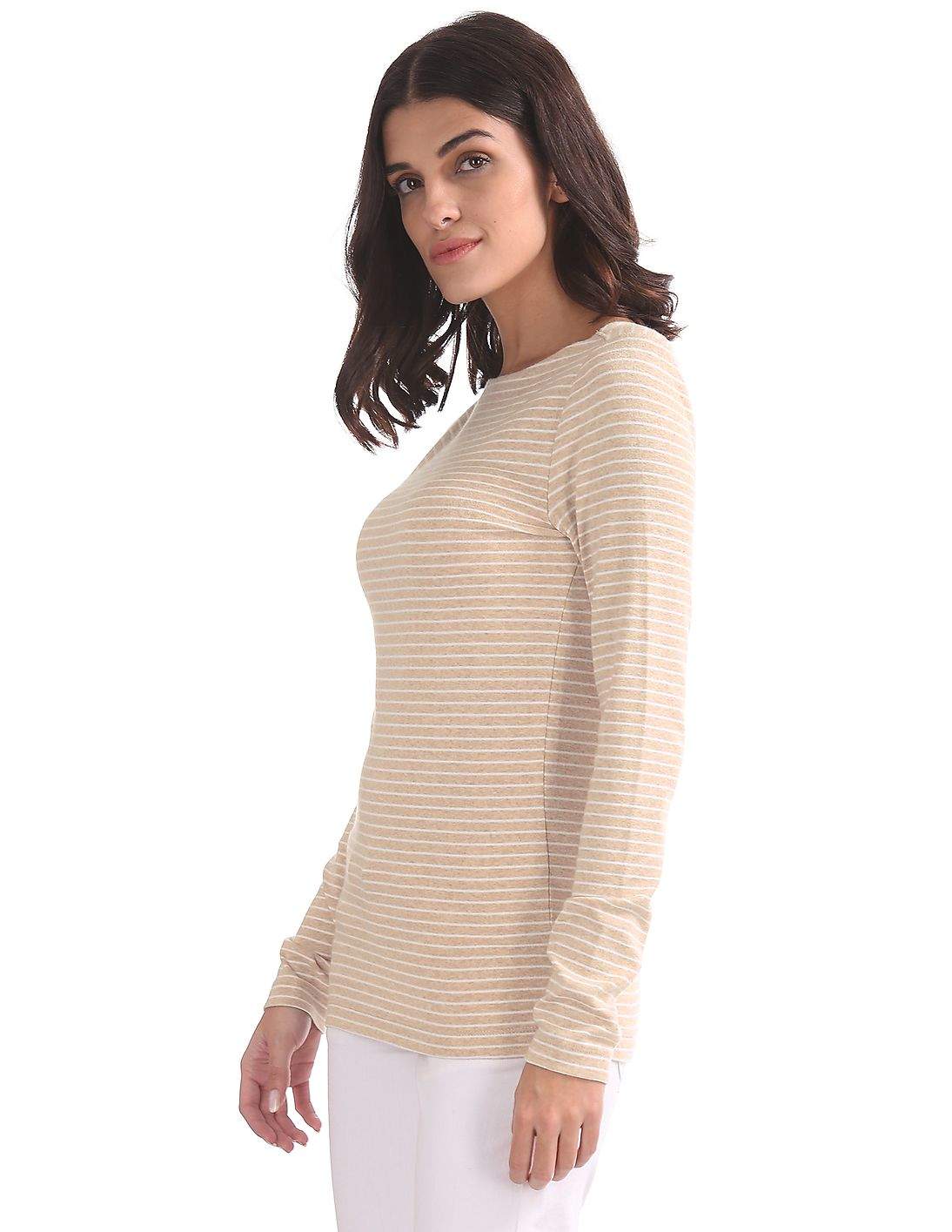 GAP Long Sleeve Modal Stripe Boat Neck Cotton Top (Oatmeal Stripe