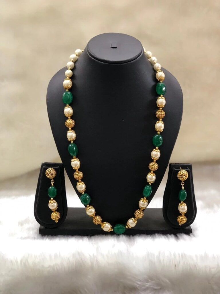 Geometric Green Beaded Gold Necklace Set for Women in Mumbai at