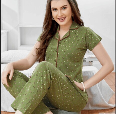 knee length dresses for ladies ZEYO Night Suit For Women's Teal Green Polar Bear Printed Cotton Night Dress Of Shirt And Pajama Set S main image 0