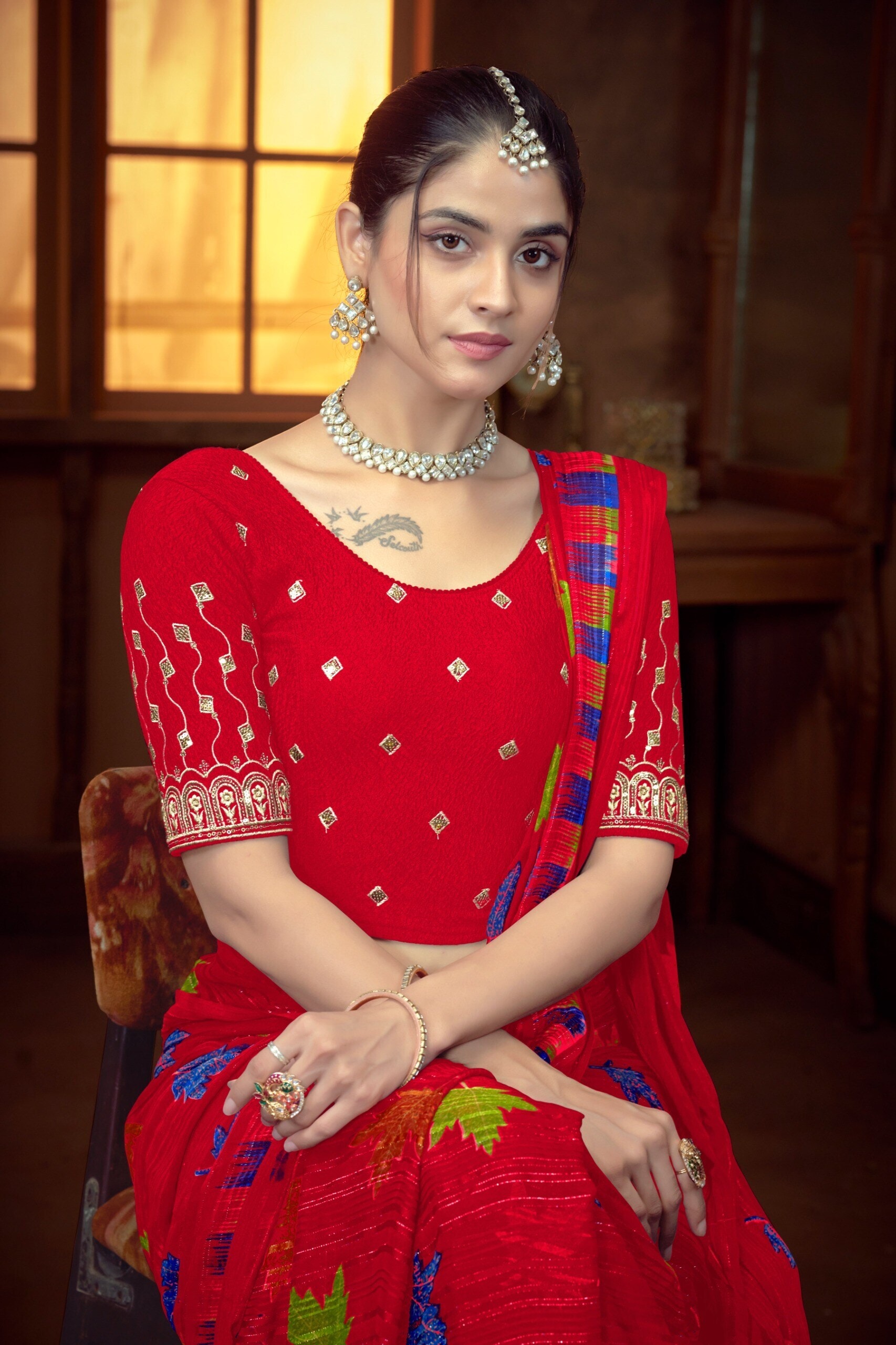 Half Sleeve Georgette Embroidered Pattern Blouse ( Purple ) in