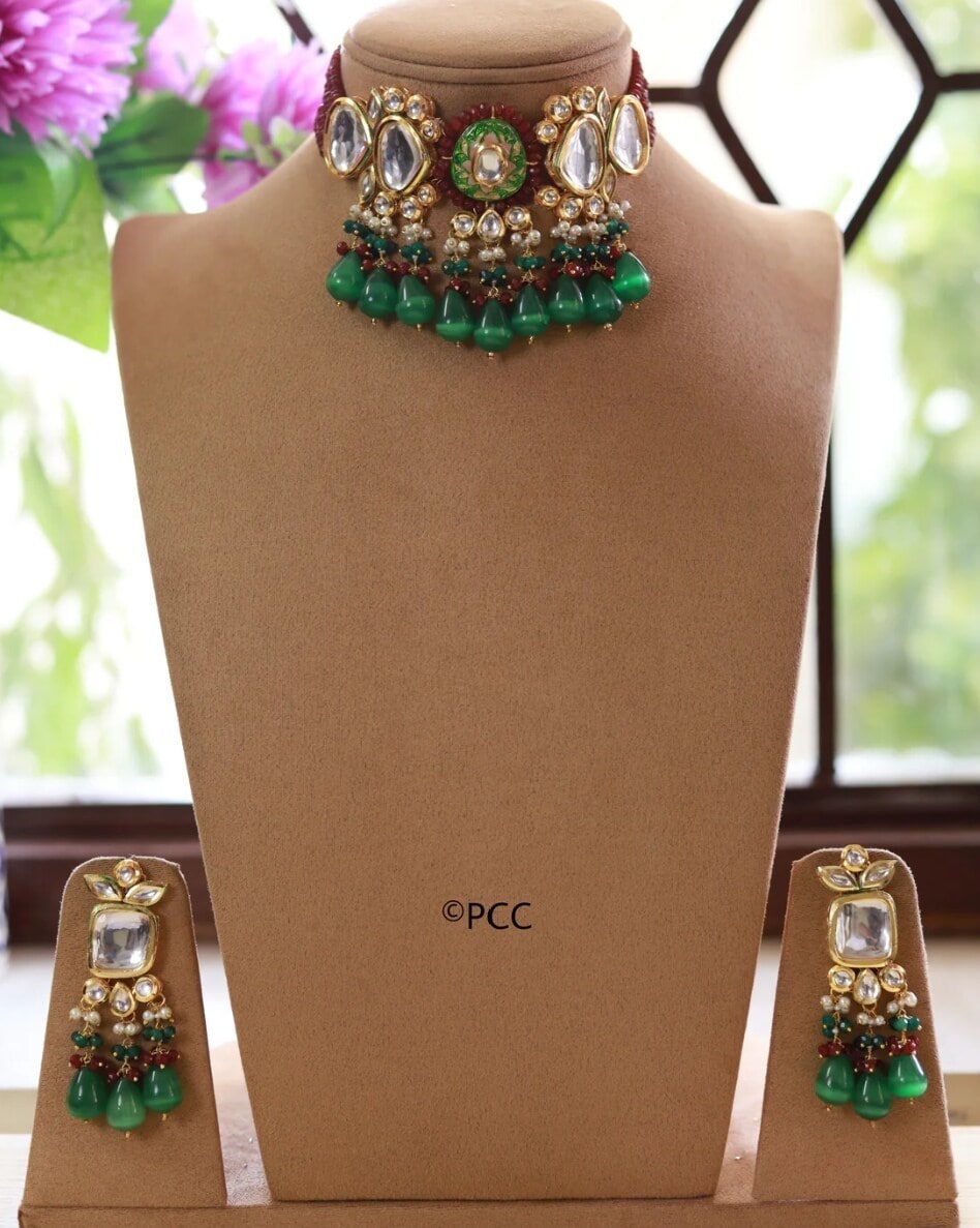 Handmade Kundan Meena Choker Necklace With Pearls And Earrings Set