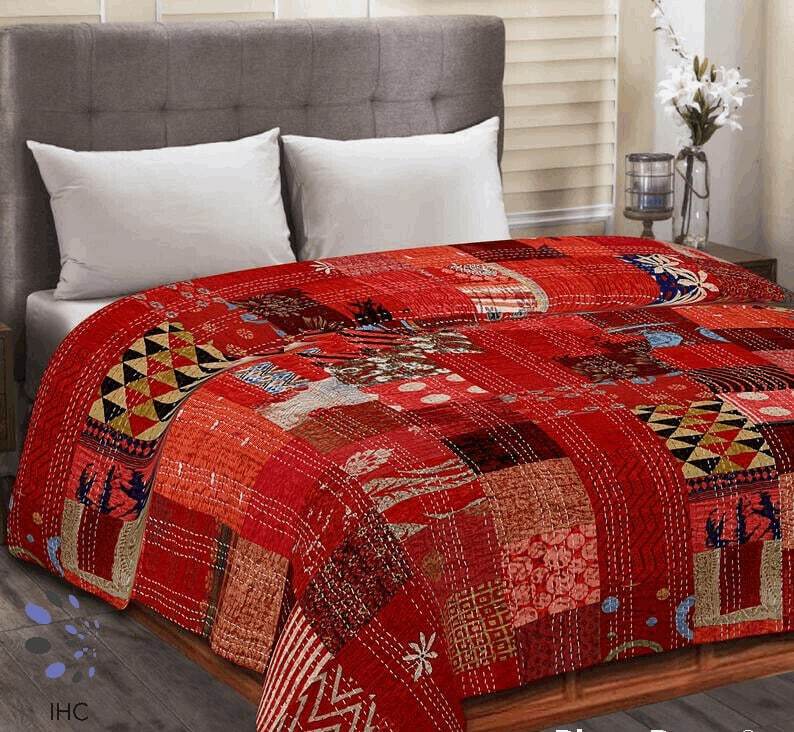 Handmade Silk Patch Kantha Quilt Red 90x108 inches in Jaipur