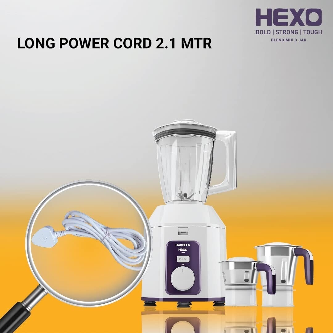 HAVELLS Hexo Blend Jar 1000 Watts Mixer Grinder (White, Purple